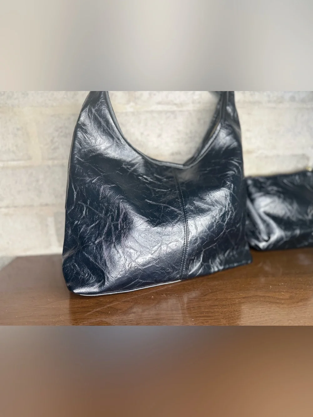Large Black Slouchy Hobo Shoulder Bag w/ Matching Zip Wristlet Faux Leather